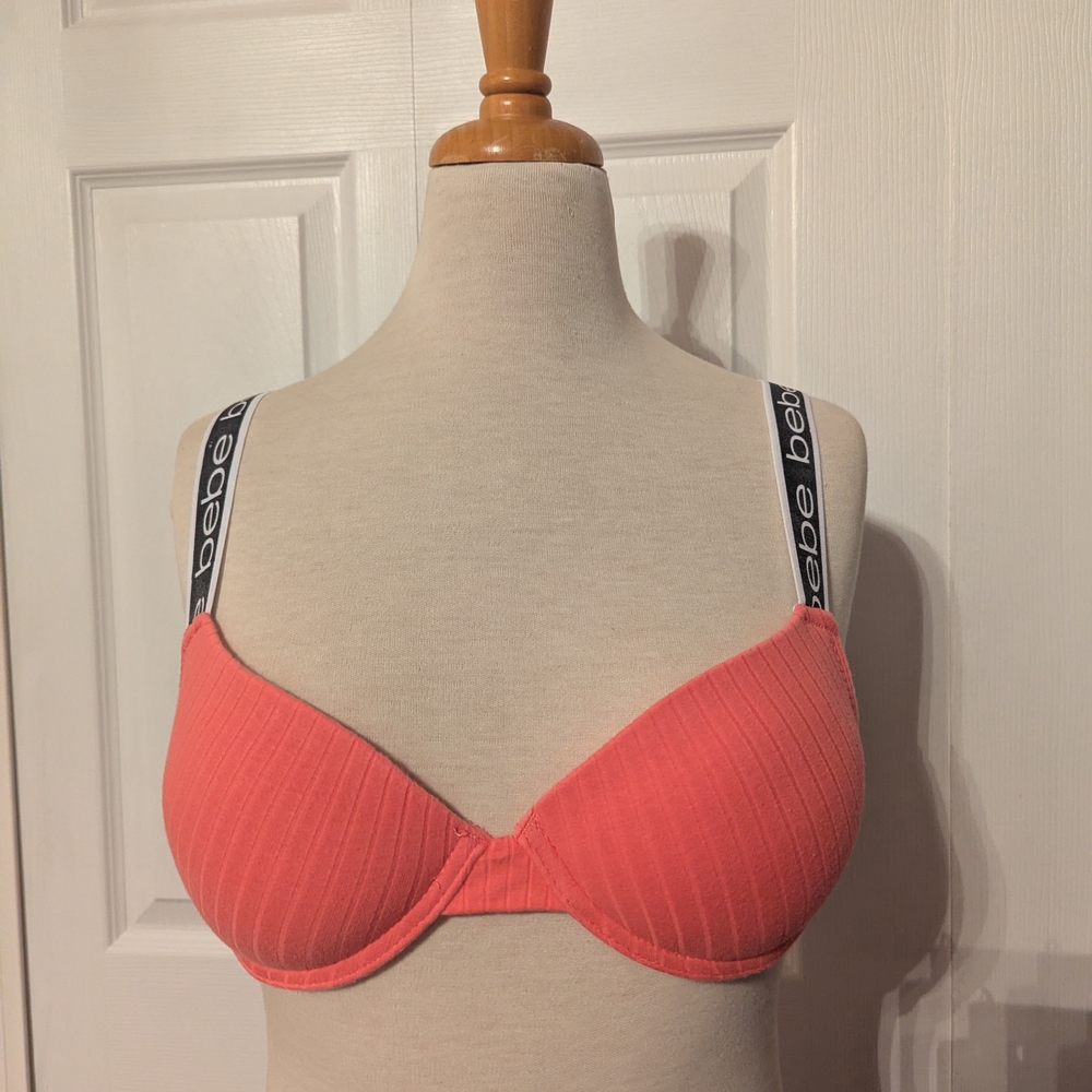 Bebe Pink Ribbed Bra with Logo Straps